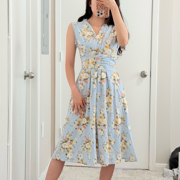 #076 | Floral Wrap Waist Midi Dress | Light Blue | S | Ribbon Pockets - Picture 6 of 8